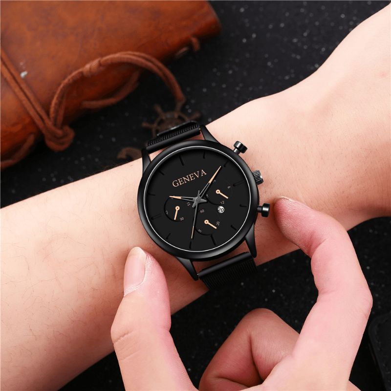 Fashion Alloy Menn Business Watch Dekorert Pointer Calendar Kvartsklokke