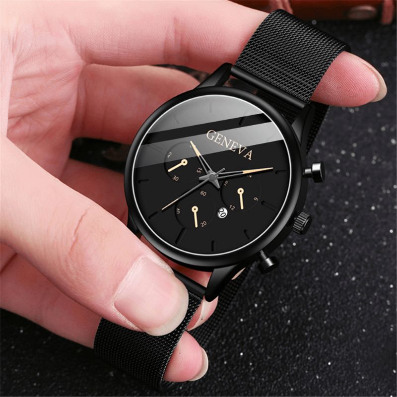 Fashion Alloy Menn Business Watch Dekorert Pointer Calendar Kvartsklokke