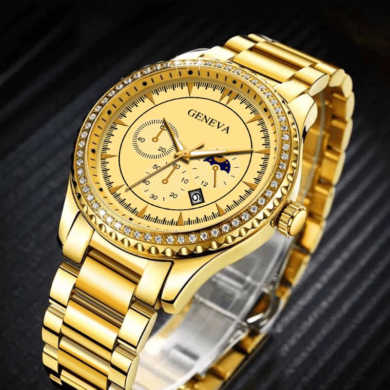 Fashion Alloy Rustfritt Stål Kalenderstropp Big Head Diamond Watch Kvartsklokke