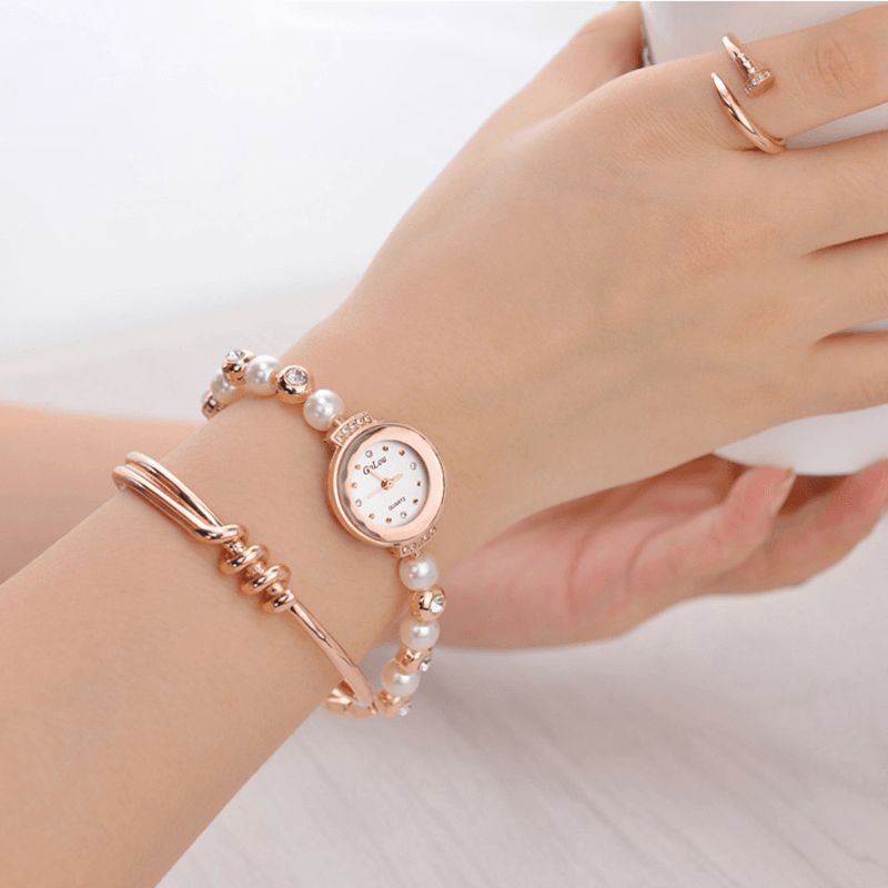 Fashion Diamond Elegant Pearl Lady Armbåndsur Kvarts Klokke