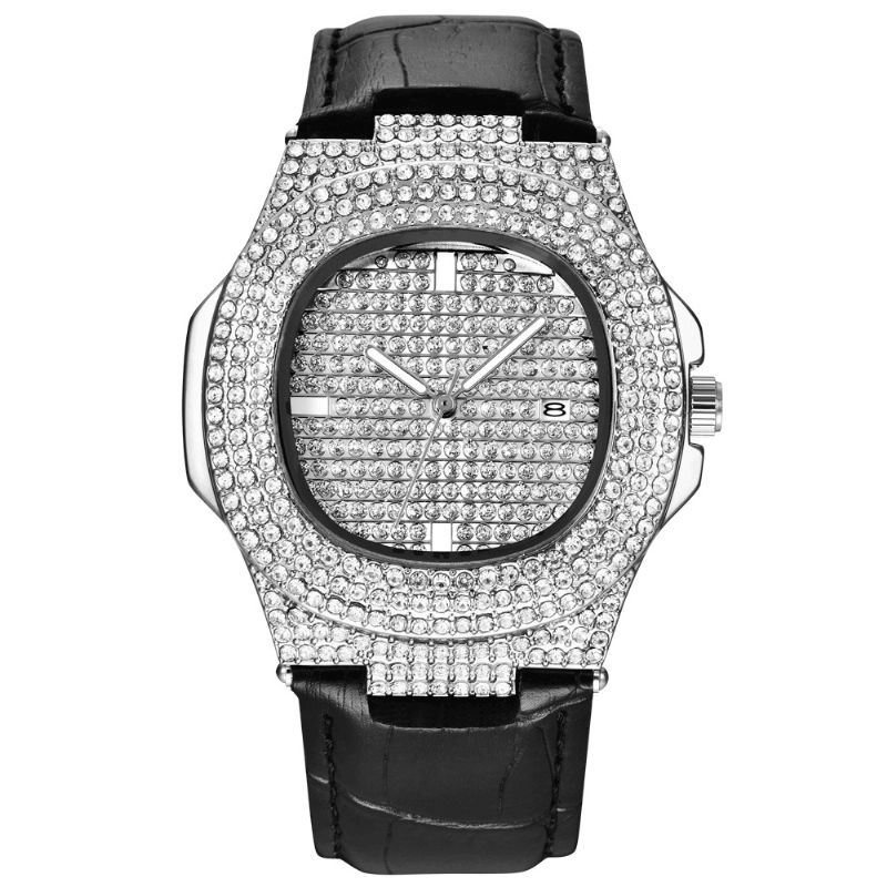 Fashion Elegant Alloy Pu Leather Herre Vintage Diamond Watch Belte Kvartsklokke