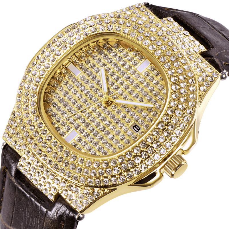 Fashion Elegant Alloy Pu Leather Herre Vintage Diamond Watch Belte Kvartsklokke