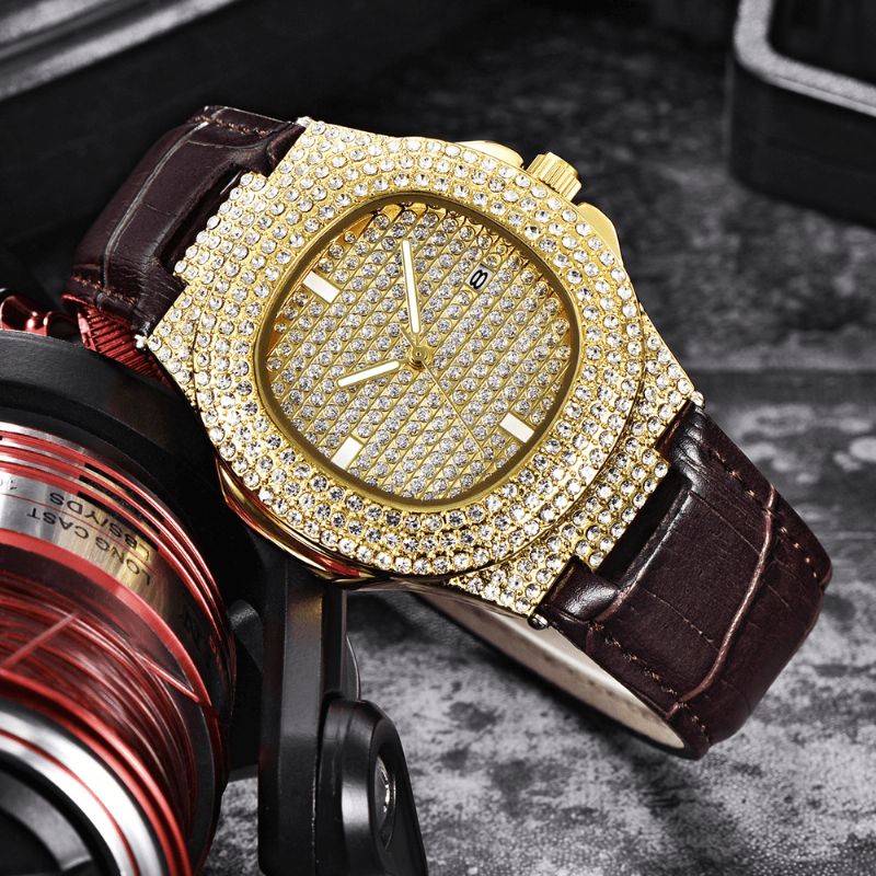 Fashion Elegant Alloy Pu Leather Herre Vintage Diamond Watch Belte Kvartsklokke