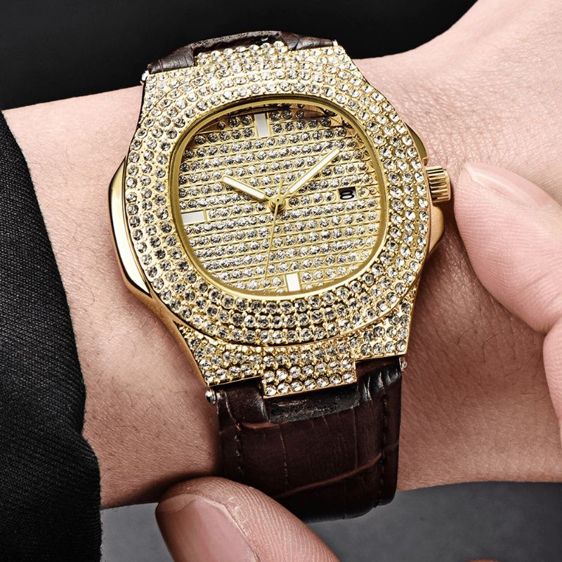 Fashion Elegant Alloy Pu Leather Herre Vintage Diamond Watch Belte Kvartsklokke