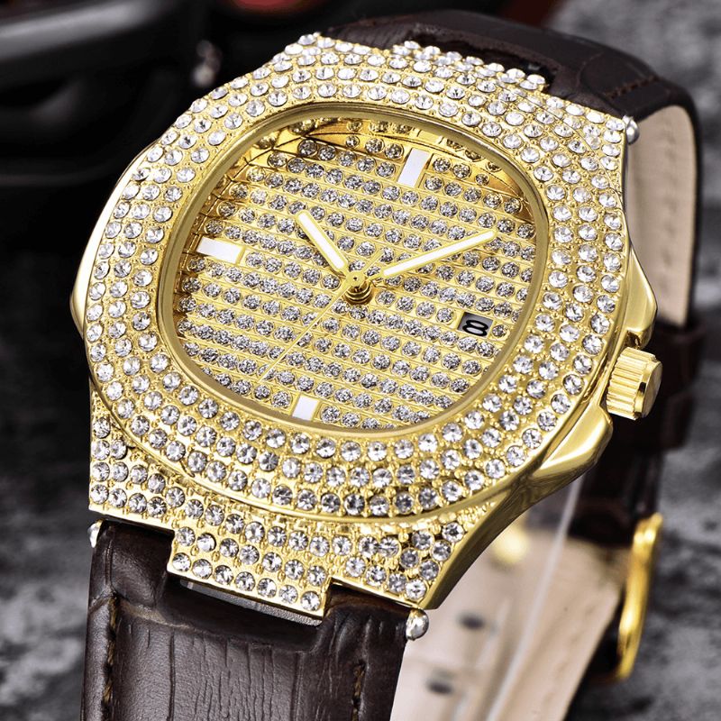 Fashion Elegant Alloy Pu Leather Herre Vintage Diamond Watch Belte Kvartsklokke