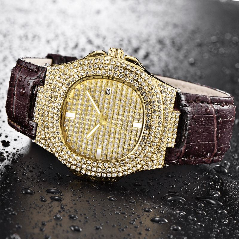 Fashion Elegant Alloy Pu Leather Herre Vintage Diamond Watch Belte Kvartsklokke