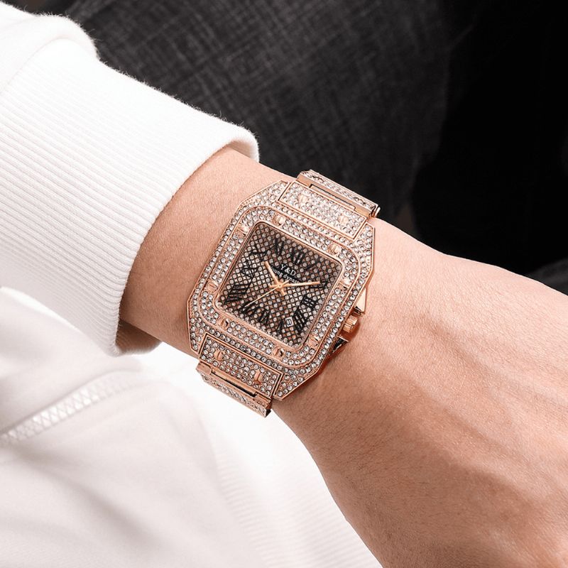 Fashion Elegant Causal Big Dial Steel Band Diamond Herre Kvartsklokke