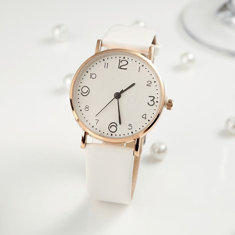 Fashion Simle Dial Big Number Casual Style Lærreim Dame Dame Watch Kvartsklokke