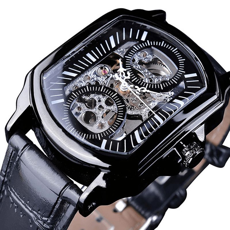 Forsining Gmt911 Fashion Herre Watch Hollow Engraving Design Leather Strap Mechanical Watch