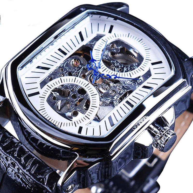 Forsining Gmt911 Fashion Herre Watch Hollow Engraving Design Leather Strap Mechanical Watch