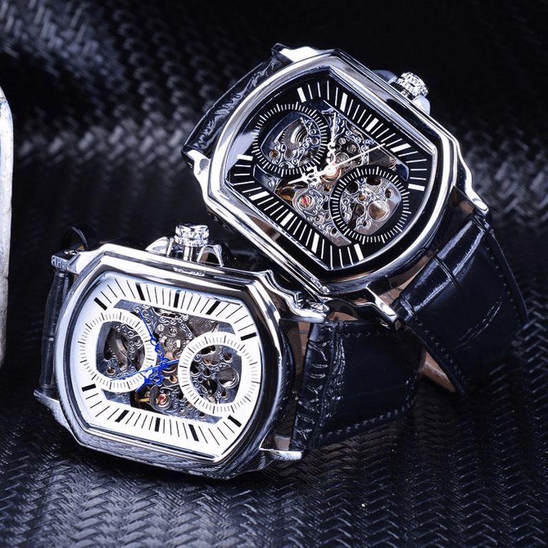 Forsining Gmt911 Fashion Herre Watch Hollow Engraving Design Leather Strap Mechanical Watch