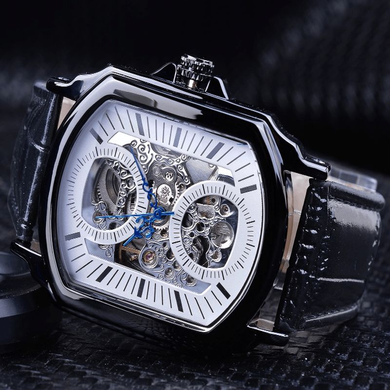 Forsining Gmt911 Fashion Herre Watch Hollow Engraving Design Leather Strap Mechanical Watch