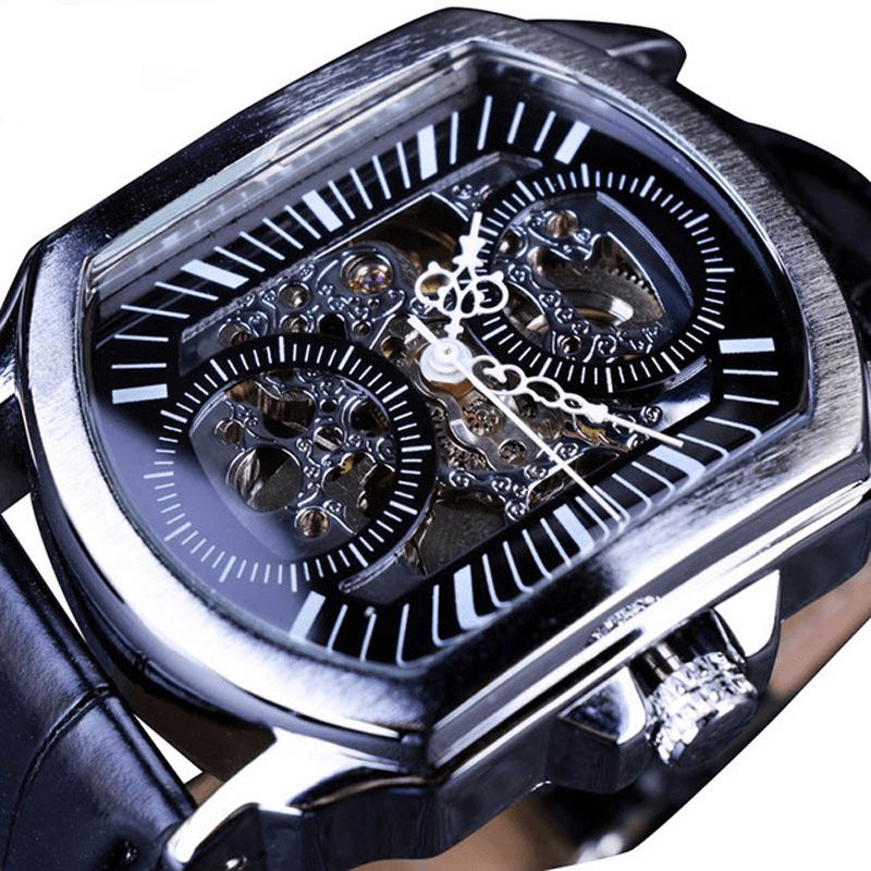 Forsining Gmt911 Fashion Herre Watch Hollow Engraving Design Leather Strap Mechanical Watch