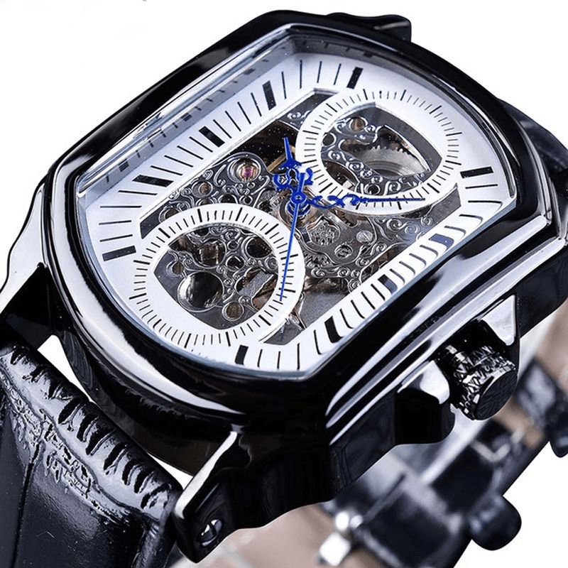 Forsining Gmt911 Fashion Herre Watch Hollow Engraving Design Leather Strap Mechanical Watch