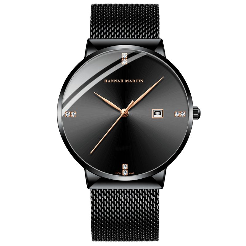 Hannah Martin Hm901 Business Casual Diamond Rustfritt Stål Mesh-Rem Datovisning Vanntett Armbåndsur For Menn Kvartsklokker