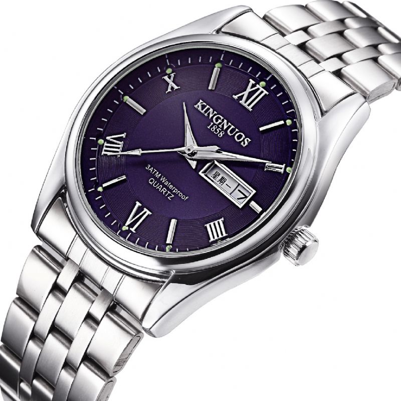 Kingnuos 1858 Full Steel Casual Style Menn Armbåndsur Dato Week Display Kvartsklokke