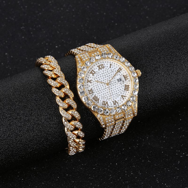 Legering Hip Hop Luksus 2 Stk Hip-Hop Kjede Full Diamond Watch Armbånd Lady Kvartsklokke