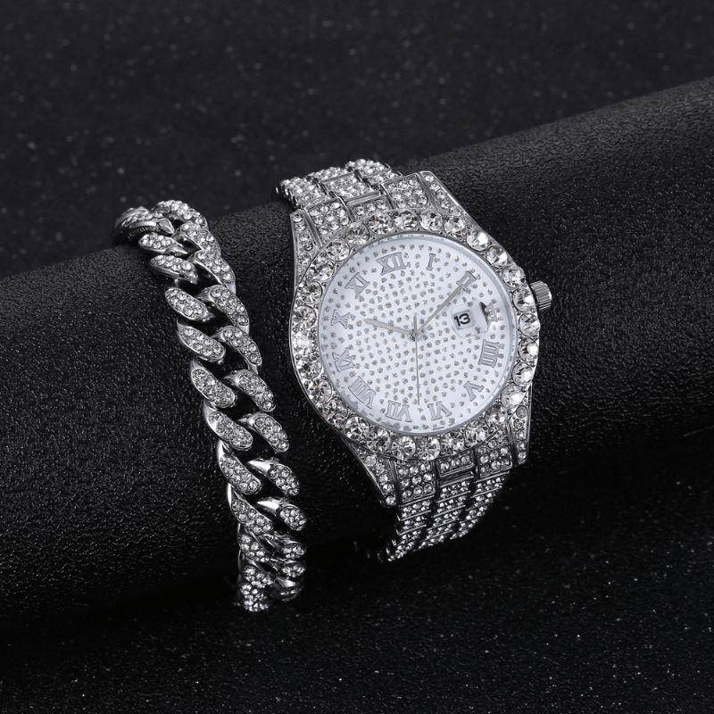 Legering Hip Hop Luksus 2 Stk Hip-Hop Kjede Full Diamond Watch Armbånd Lady Kvartsklokke