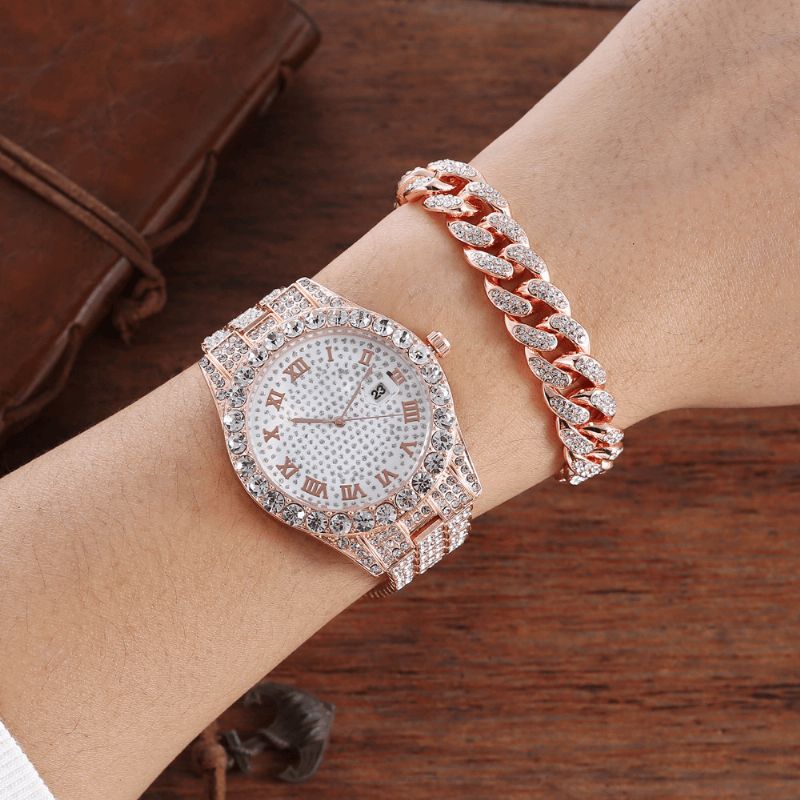 Legering Hip Hop Luksus 2 Stk Hip-Hop Kjede Full Diamond Watch Armbånd Lady Kvartsklokke