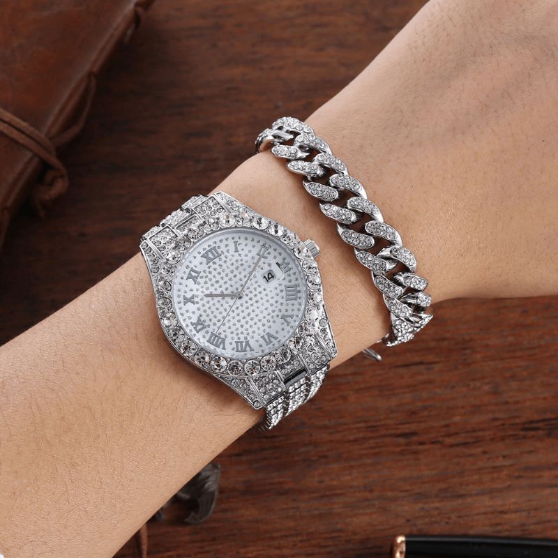 Legering Hip Hop Luksus 2 Stk Hip-Hop Kjede Full Diamond Watch Armbånd Lady Kvartsklokke