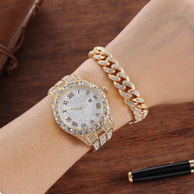 Legering Hip Hop Luksus 2 Stk Hip-Hop Kjede Full Diamond Watch Armbånd Lady Kvartsklokke