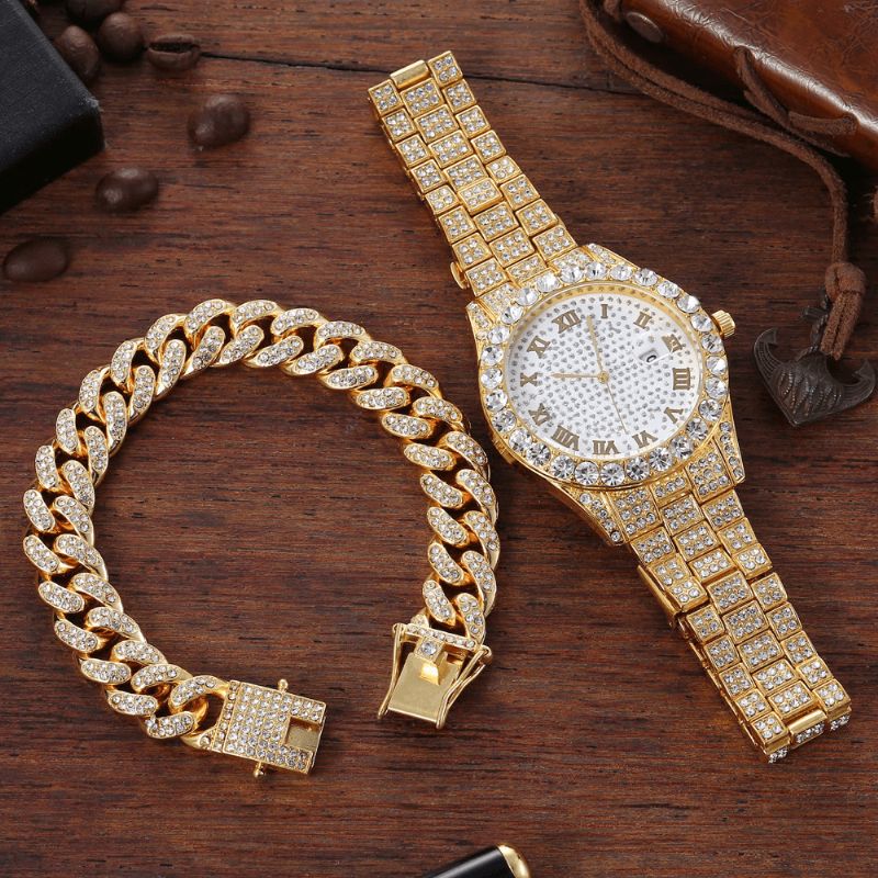 Legering Hip Hop Luksus 2 Stk Hip-Hop Kjede Full Diamond Watch Armbånd Lady Kvartsklokke