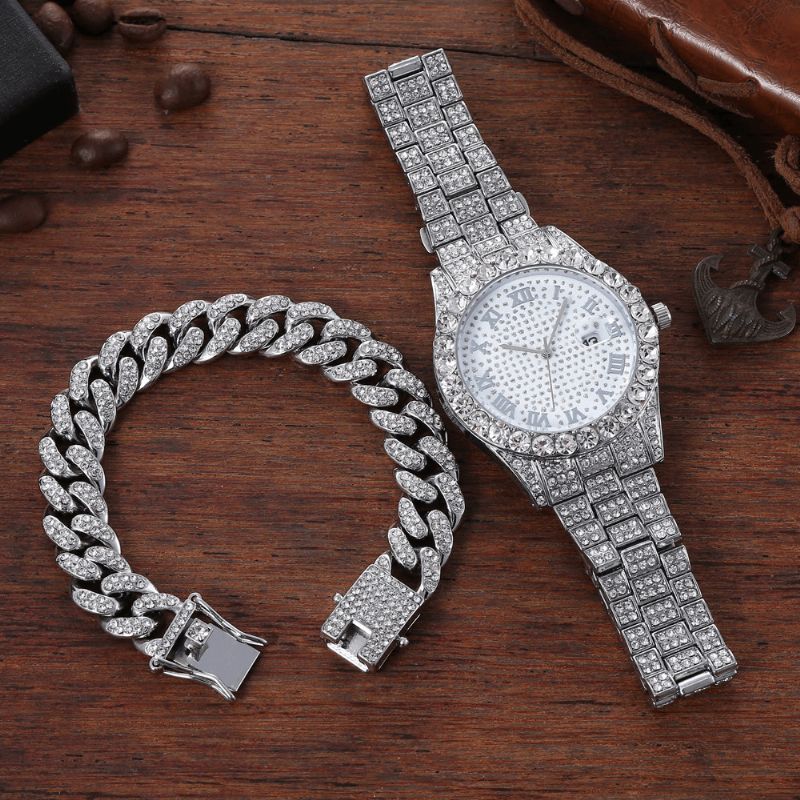 Legering Hip Hop Luksus 2 Stk Hip-Hop Kjede Full Diamond Watch Armbånd Lady Kvartsklokke