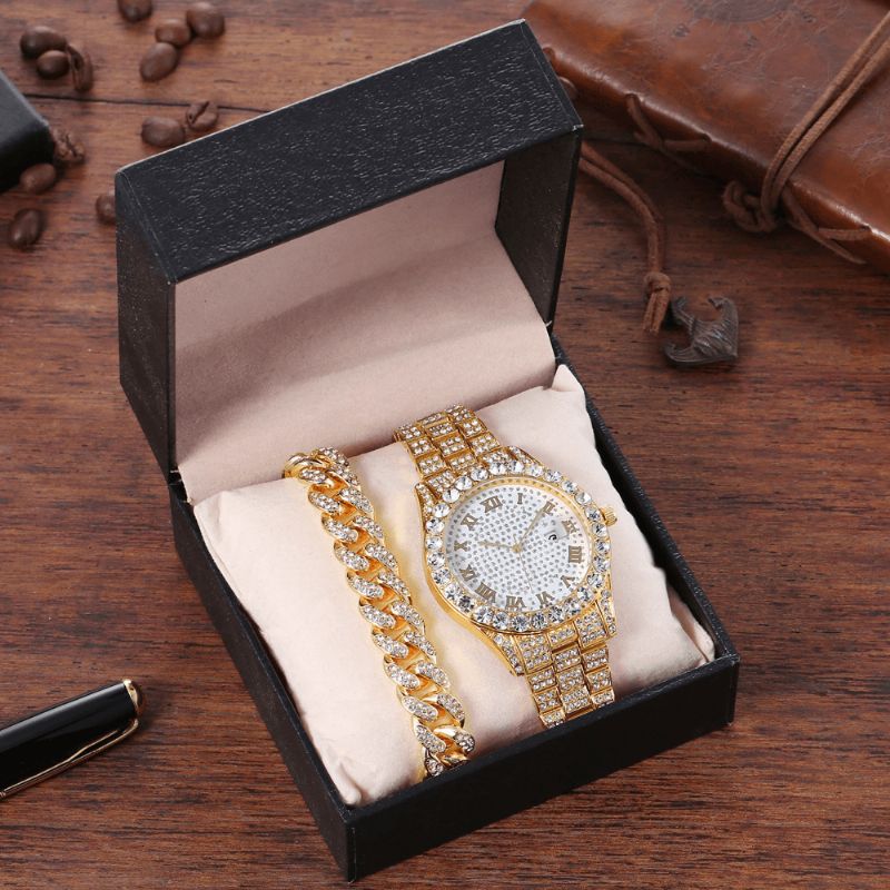 Legering Hip Hop Luksus 2 Stk Hip-Hop Kjede Full Diamond Watch Armbånd Lady Kvartsklokke