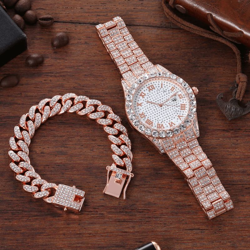 Legering Hip Hop Luksus 2 Stk Hip-Hop Kjede Full Diamond Watch Armbånd Lady Kvartsklokke