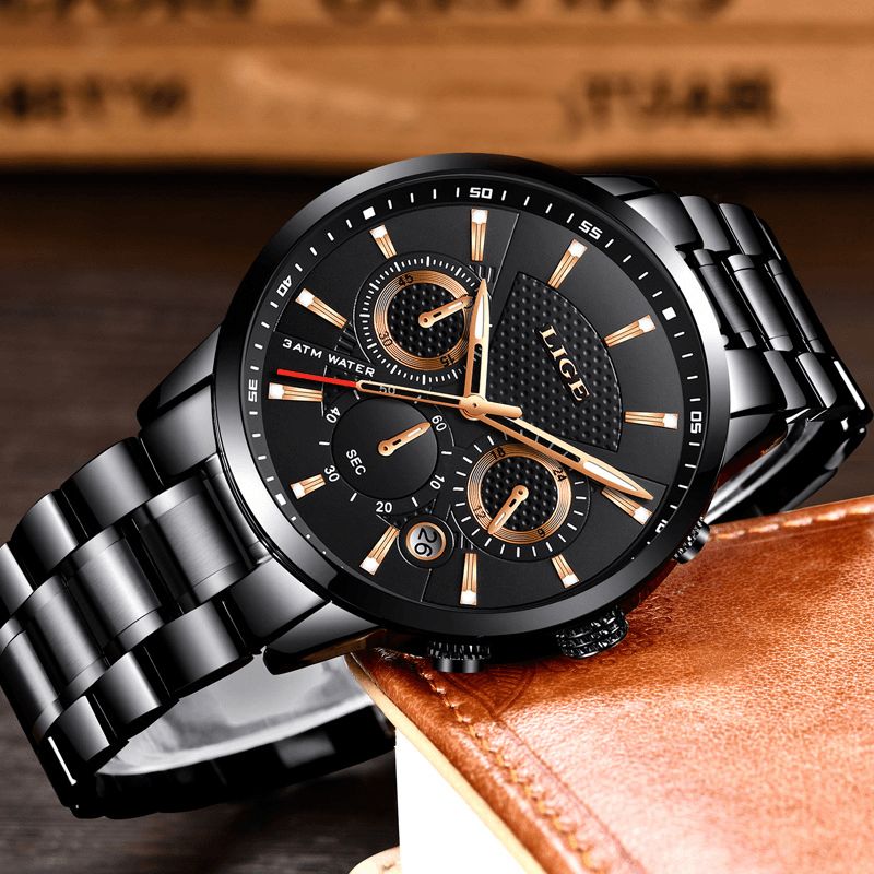 Lige 9866 Chronograph Full Steel Band Herre Armbåndsur Lysende Kvartsklokke