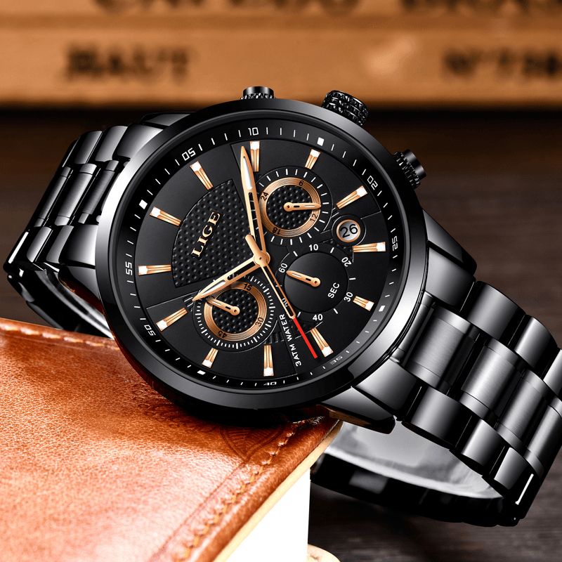 Lige 9866 Chronograph Full Steel Band Herre Armbåndsur Lysende Kvartsklokke