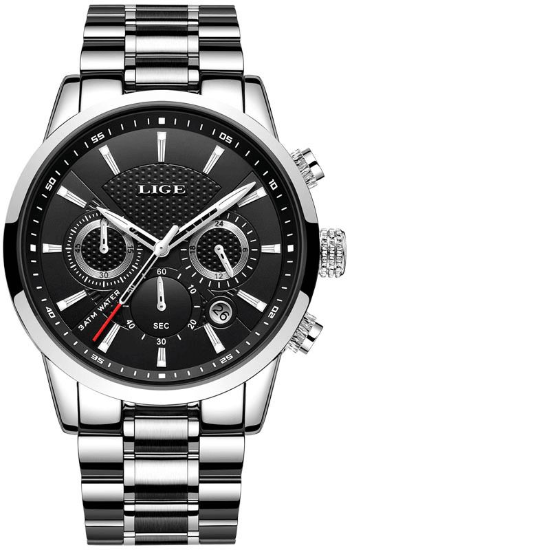 Lige 9866 Chronograph Full Steel Band Herre Armbåndsur Lysende Kvartsklokke