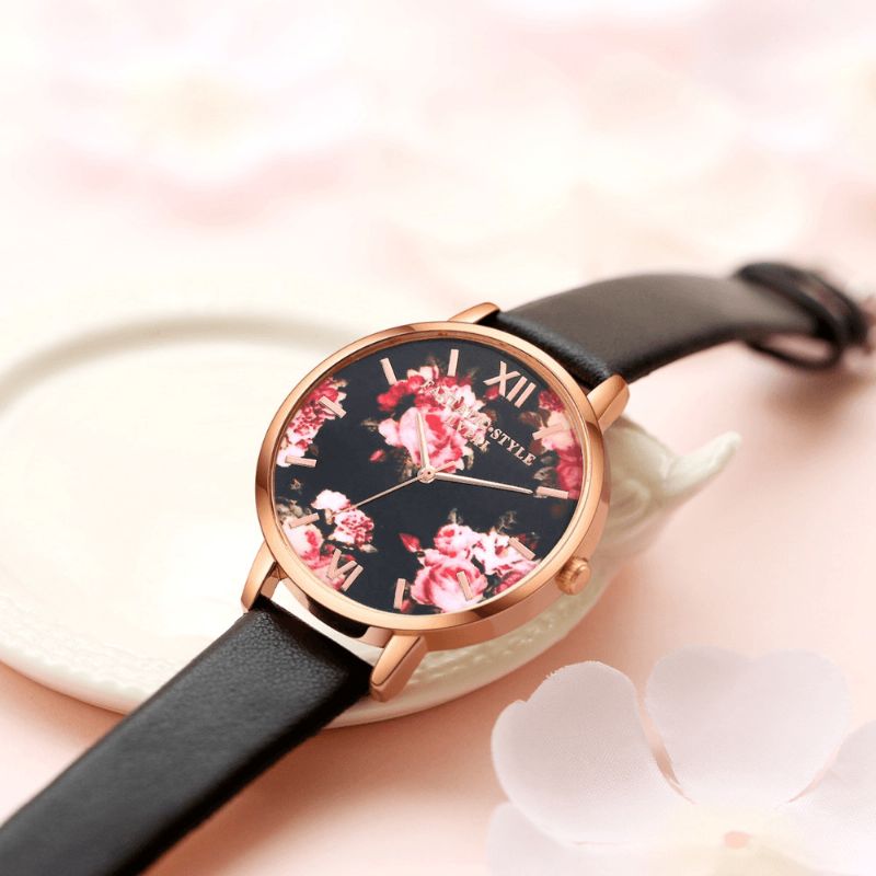 Lvpai P086 Flower Display Elegant Design Dame Armbåndsur Pu Leather Band Kvartsklokke