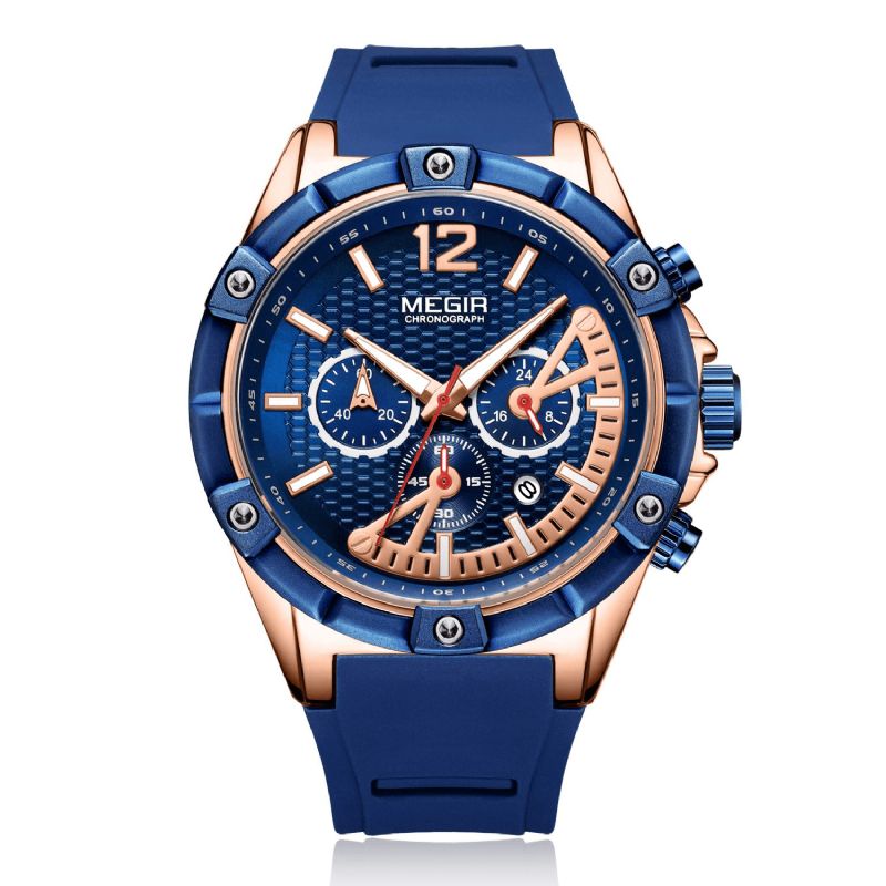 Megir 2083G Fashion Style Calendar Luminous Chronograph Herre Waterproof Silikon Strap Kvartsklokke