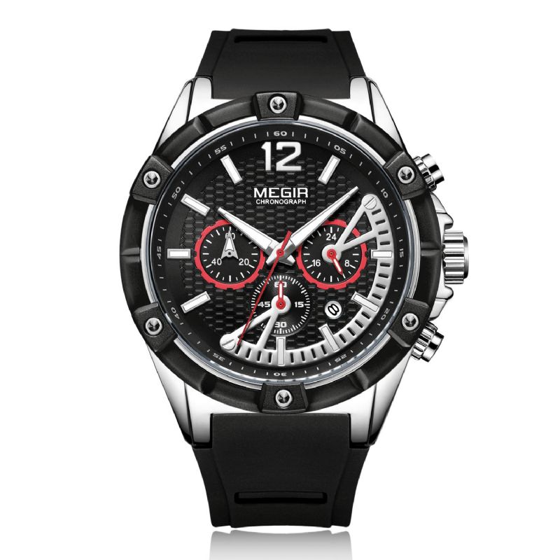 Megir 2083G Fashion Style Calendar Luminous Chronograph Herre Waterproof Silikon Strap Kvartsklokke