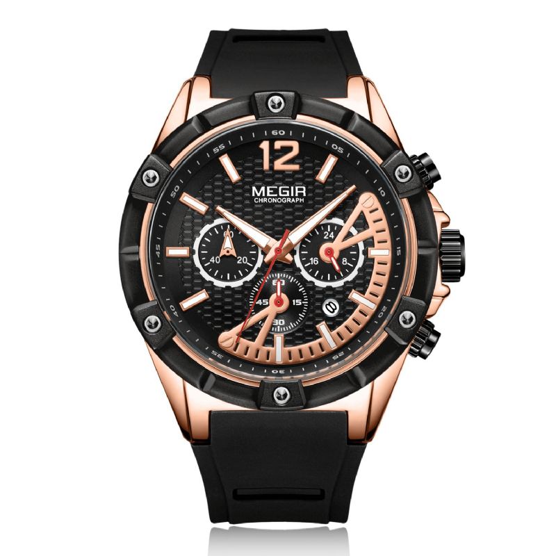 Megir 2083G Fashion Style Calendar Luminous Chronograph Herre Waterproof Silikon Strap Kvartsklokke