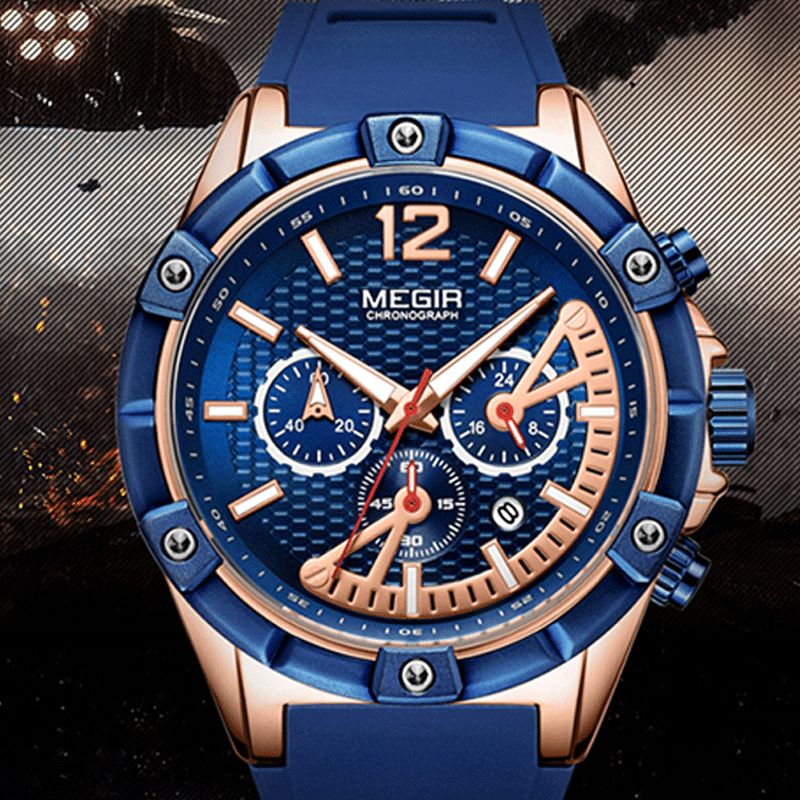 Megir 2083G Fashion Style Calendar Luminous Chronograph Herre Waterproof Silikon Strap Kvartsklokke