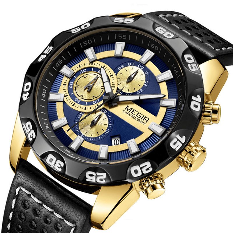 Megir 2096 Luxury Sports Style Chronograph Vanntett Multifunksjons Kvartsklokke Herrearmbåndsur