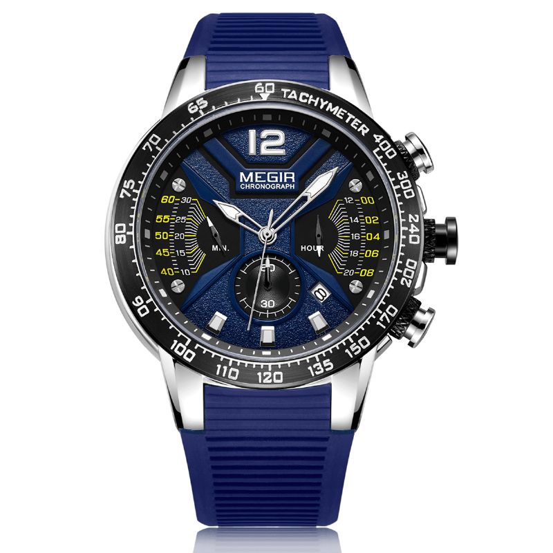 Megir 2106 Luminous Dial Calendar Chronograph Silikonstropp Herre Vanntett Sports Kvartsklokke