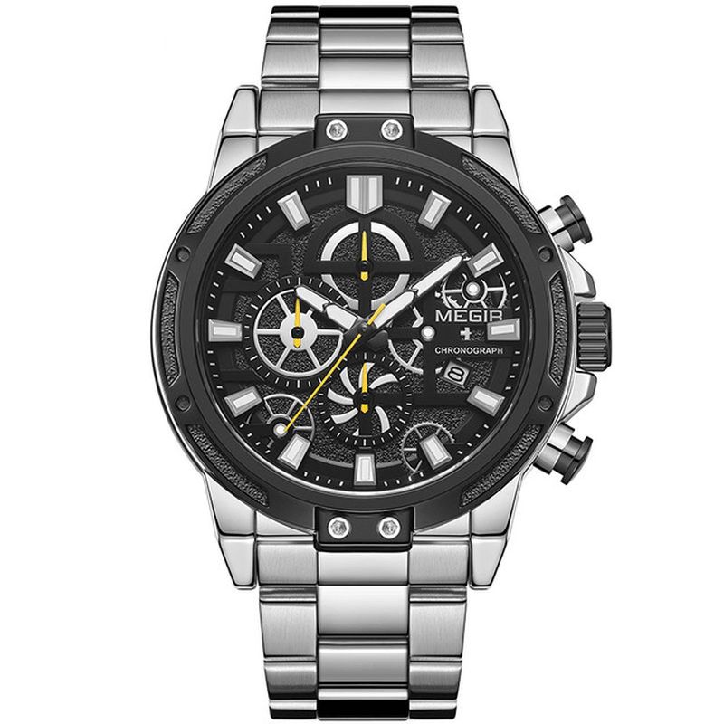 Megir 2108 Luxury Big Dial Chronograph Business Style Rustfritt Stål Herreklokke Kvartsklokke