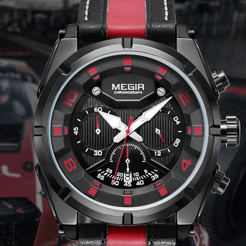 Megir Multifunction Sports Luminous Med Calendar Chronograph 3Atm Vanntett Herrekvartsklokke