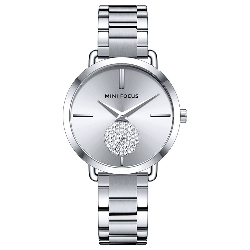 Mini Focus 0222L Casual Style Crystal Little Dial Dame Armbåndsur Vanntett Full Steel Kvartsklokke