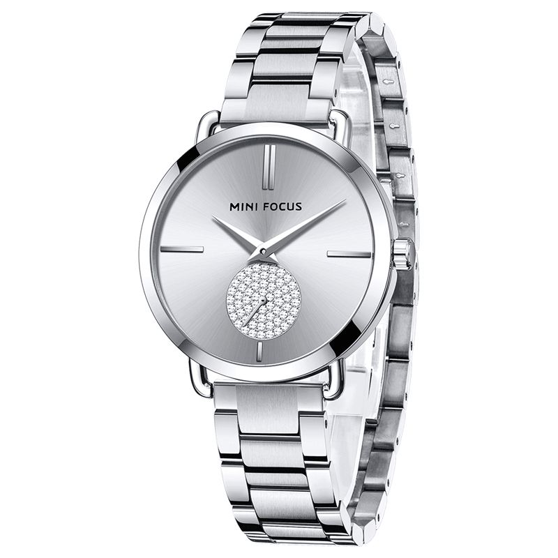 Mini Focus 0222L Casual Style Crystal Little Dial Dame Armbåndsur Vanntett Full Steel Kvartsklokke