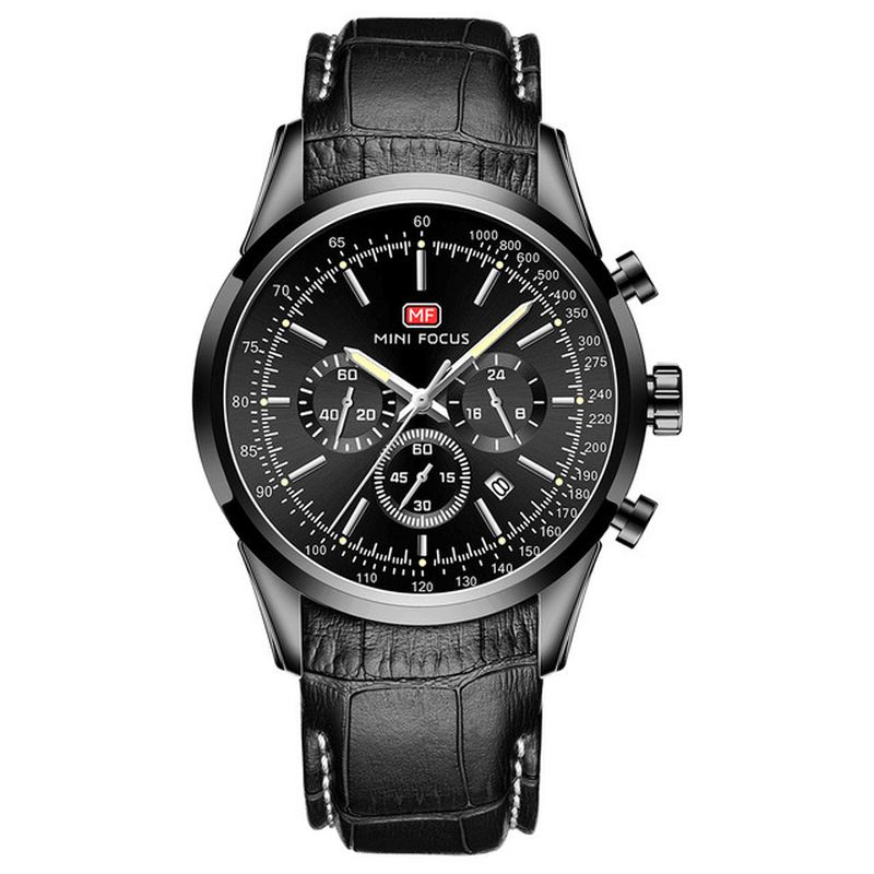 Mini Focus Mf0116G Lær Business Chronograph Kalender Vanntett Herreklokke Kvartsklokke