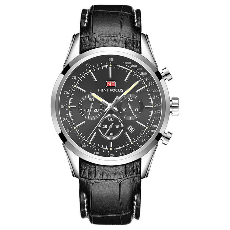 Mini Focus Mf0116G Lær Business Chronograph Kalender Vanntett Herreklokke Kvartsklokke