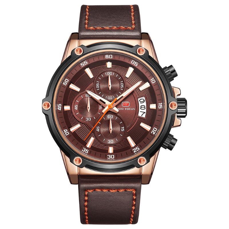 Mini Focus Mf0175G Militærstil Luminous Date Lærreim Herre Armbåndsur Kvartsklokke