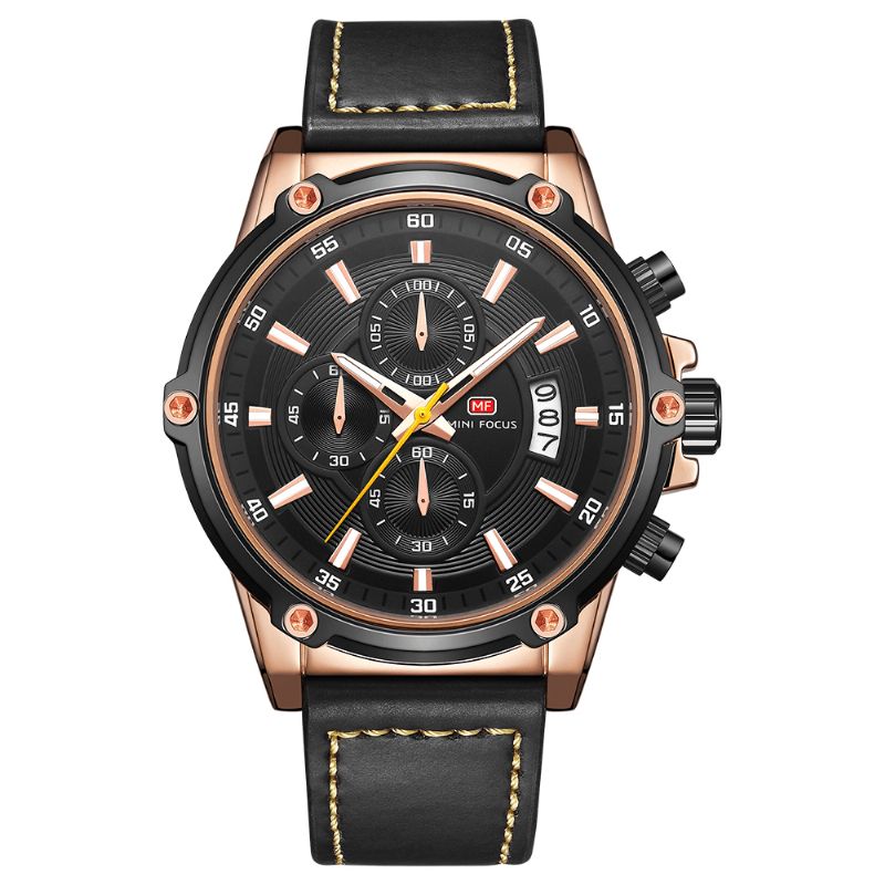 Mini Focus Mf0175G Militærstil Luminous Date Lærreim Herre Armbåndsur Kvartsklokke