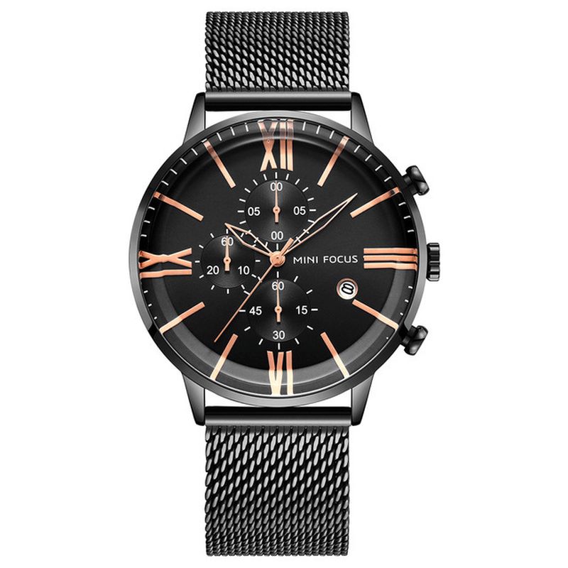 Mini Focus Mf0236G Business Chronograph Calendar Mesh Steel Kvartsklokke Herrearmbåndsur