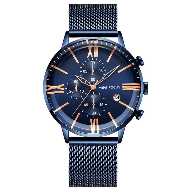 Mini Focus Mf0236G Business Chronograph Calendar Mesh Steel Kvartsklokke Herrearmbåndsur