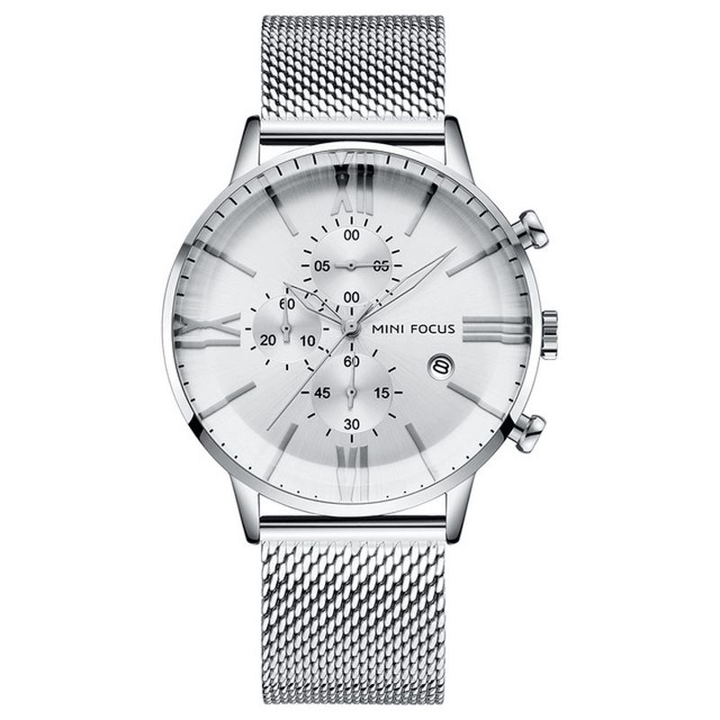 Mini Focus Mf0236G Business Chronograph Calendar Mesh Steel Kvartsklokke Herrearmbåndsur